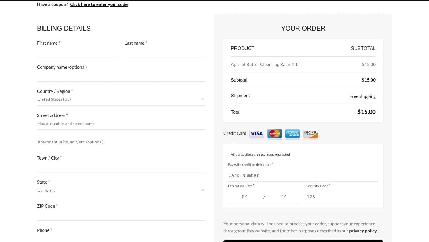 Checkout page on beautypiedeal.lol with card number, expiry and security code fields