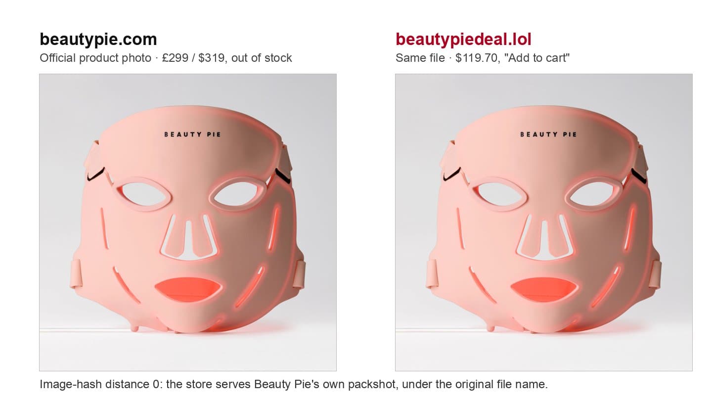 Official Beauty Pie LED mask photo beside the identical photo on beautypiedeal.lol