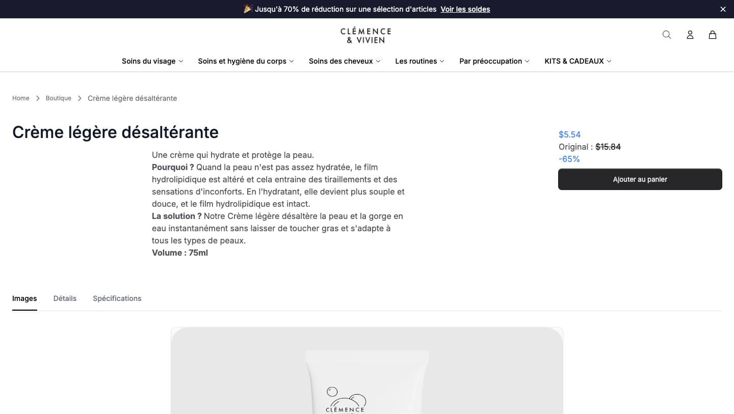 clemenceetvivienbeauty.shop product page for Crème légère désaltérante at $5.54, marked 65% off $15.84