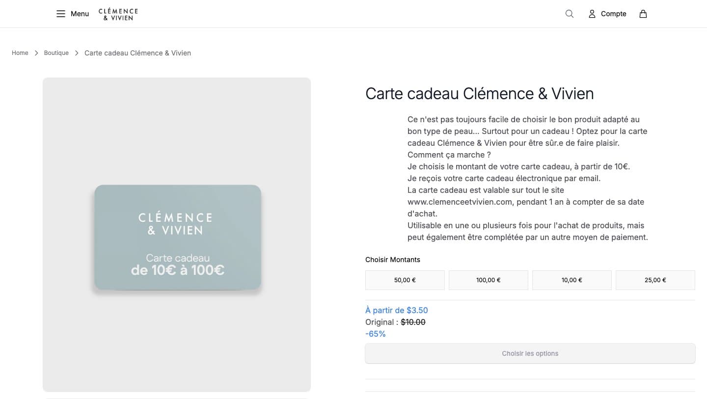 clemenceetvivienbrand.shop selling the Carte cadeau Clémence & Vivien from $3.50, marked 65% off