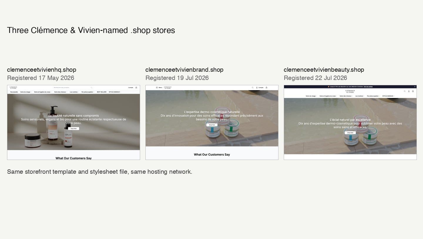 Homepages of clemenceetvivienhq.shop, clemenceetvivienbrand.shop and clemenceetvivienbeauty.shop side by side