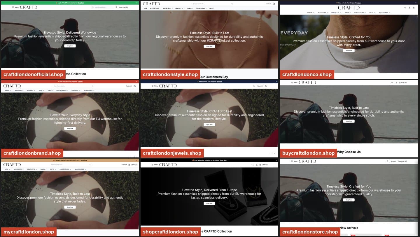Homepages of nine lookalike CRAFTD .shop stores