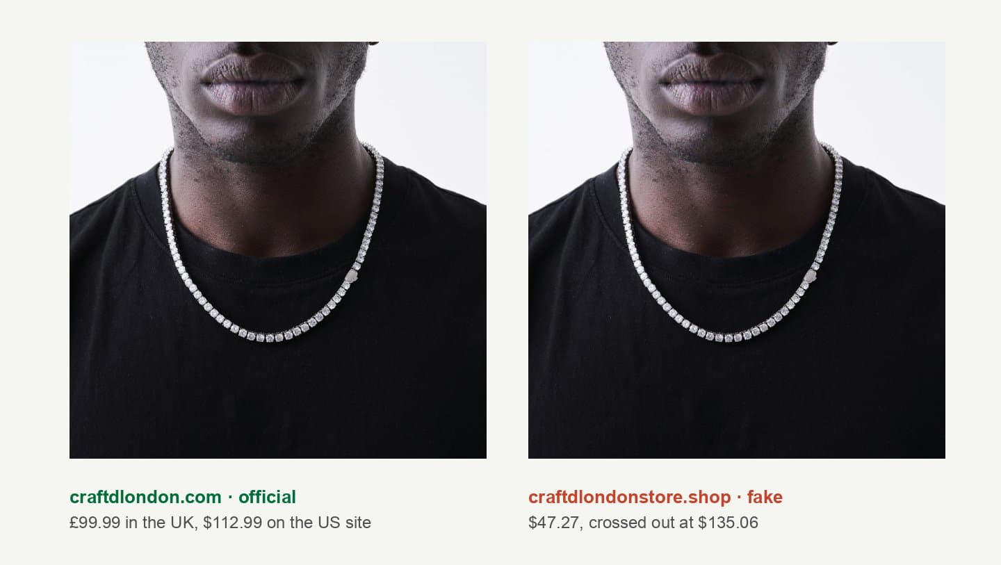 CRAFTD Tennis Chain (Silver) 5mm on-model photo on craftdlondon.com next to the same photo on craftdlondonstore.shop