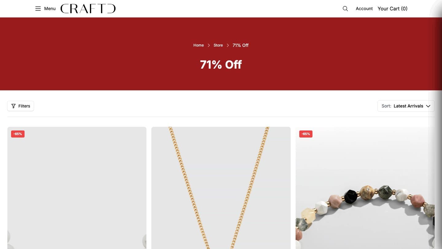 71% Off collection page on craftdlondonstore.shop showing items badged -65%