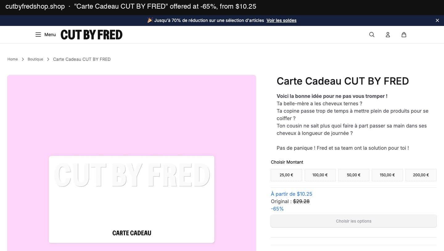 The Carte Cadeau CUT BY FRED page on cutbyfredshop.shop, offered from $10.25