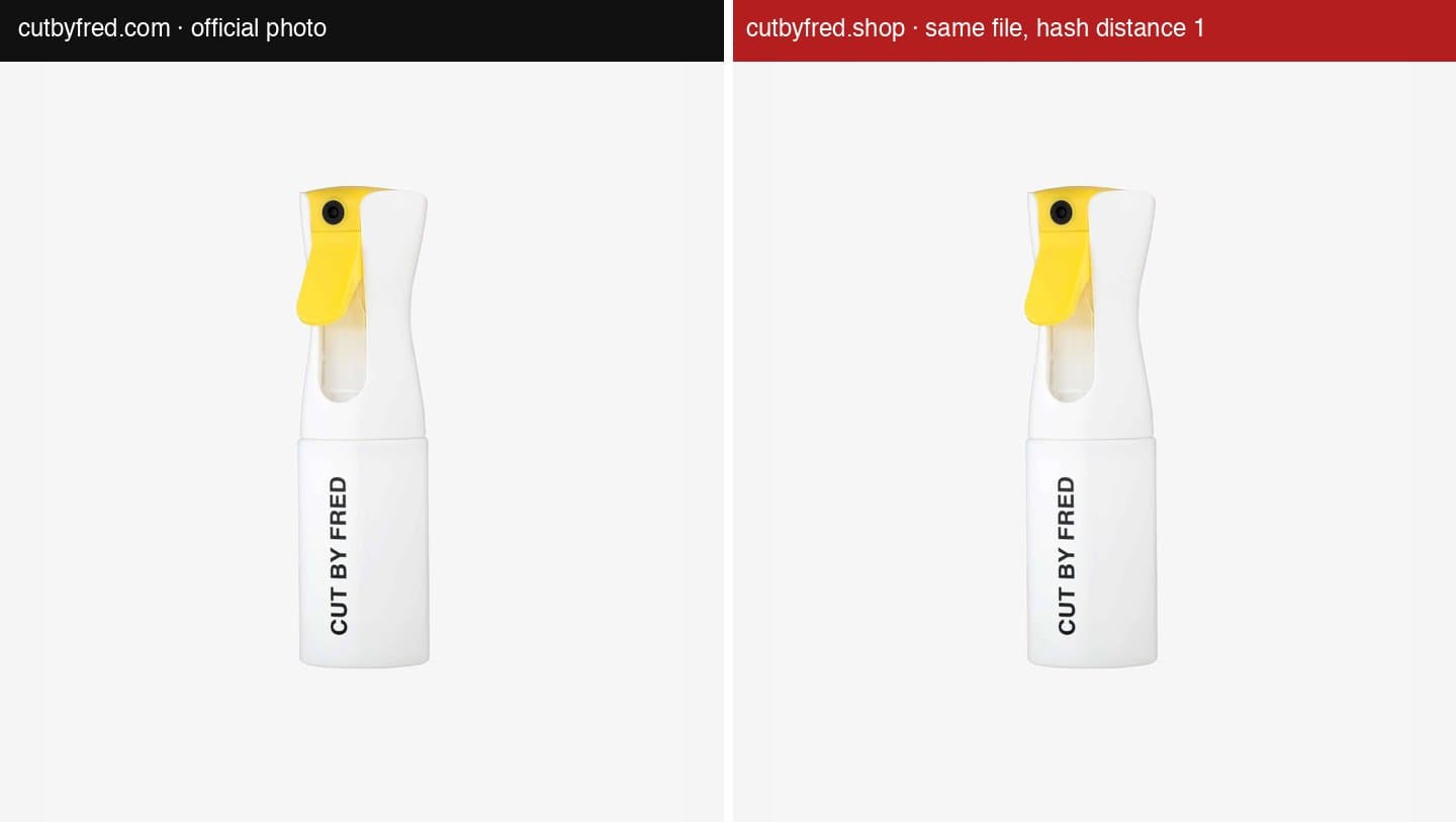 Cut by Fred's official Pschiitt by Fred spray bottle photo next to the same image on cutbyfred.shop