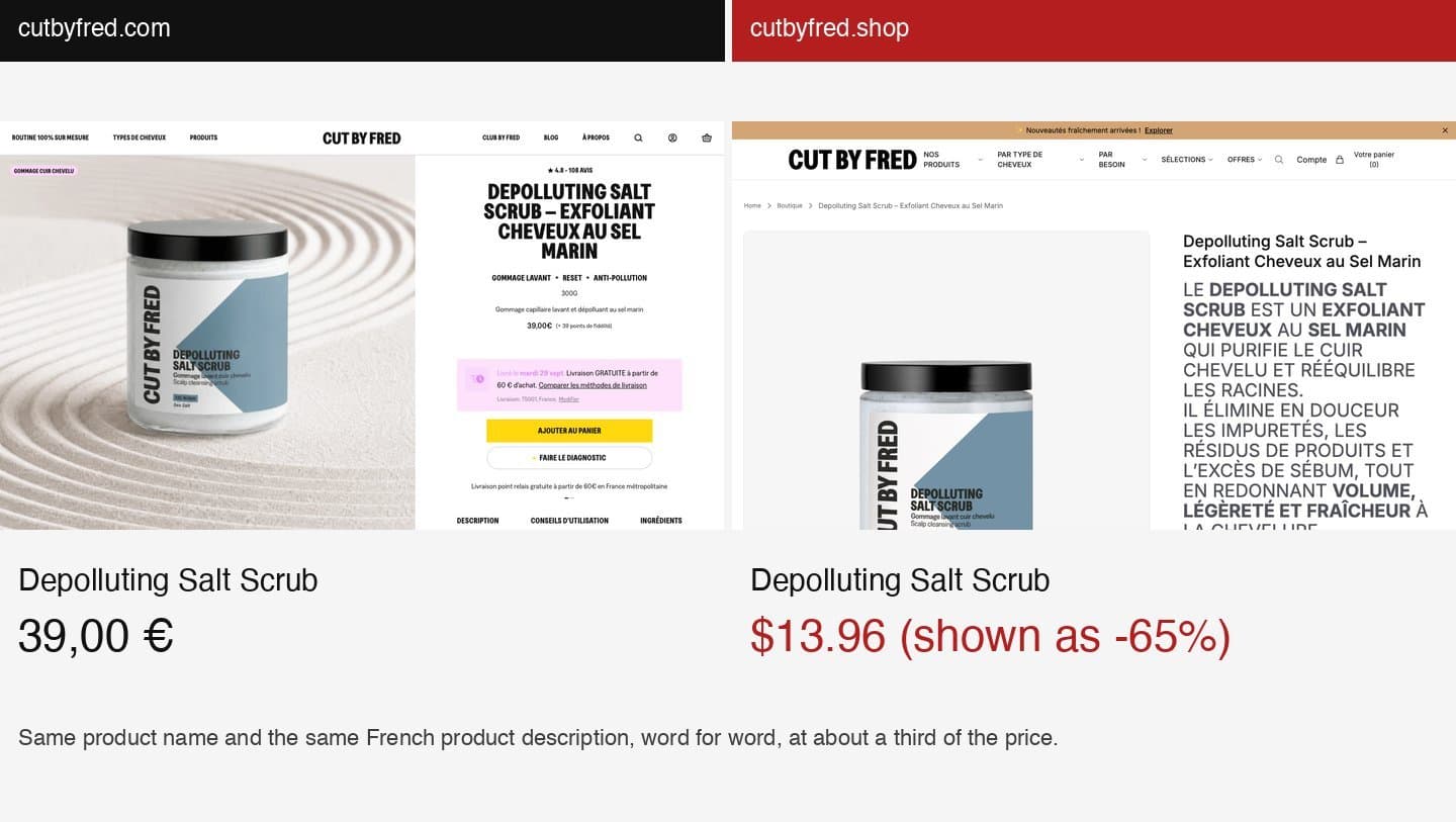 Cut by Fred's Depolluting Salt Scrub page next to the copy on cutbyfred.shop