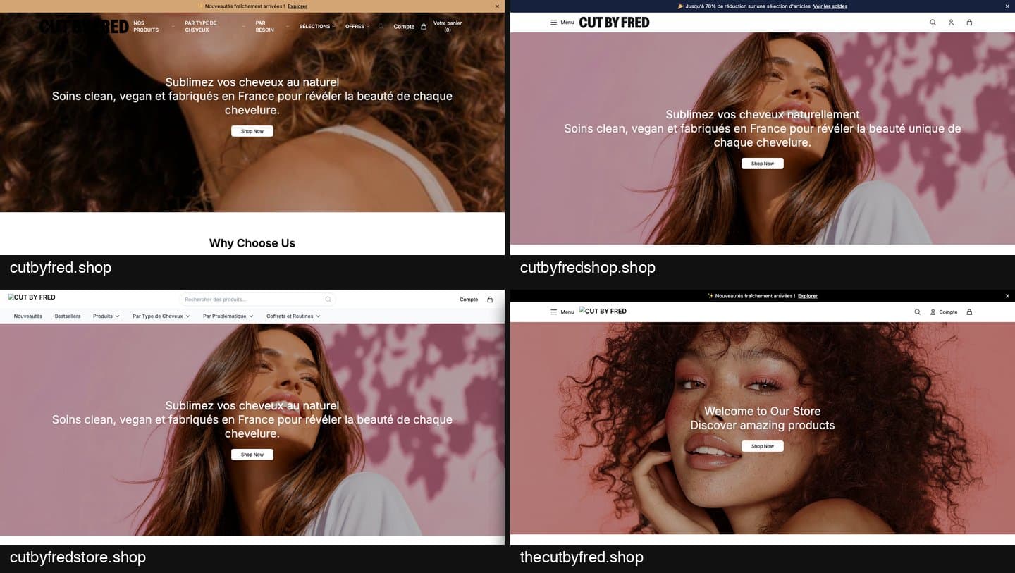 Homepages of cutbyfred.shop, cutbyfredshop.shop, cutbyfredstore.shop and thecutbyfred.shop