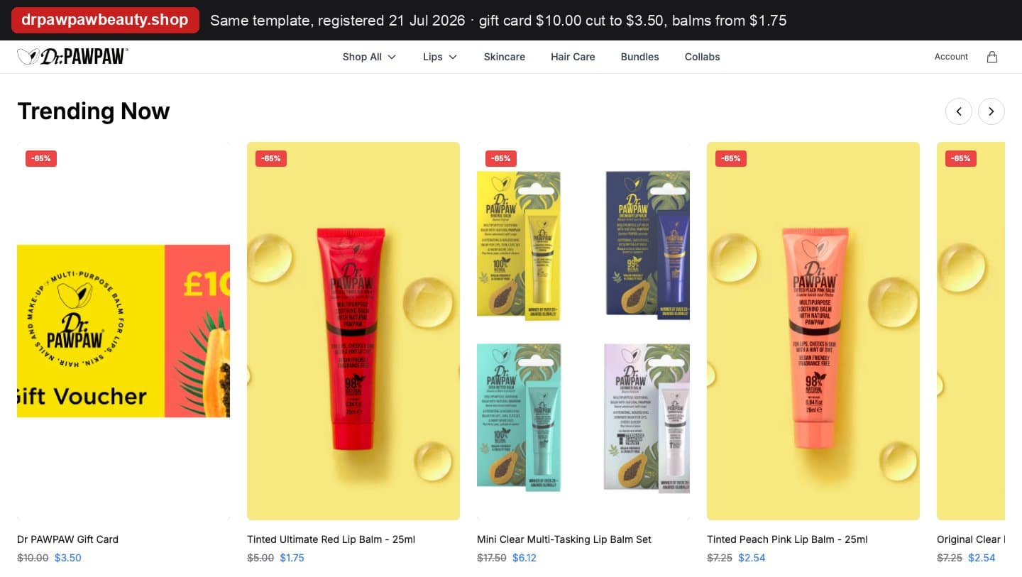 drpawpawbeauty.shop Trending Now row with a gift card for $3.50 and balms at 65% off