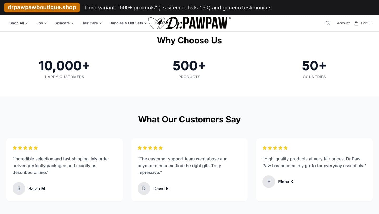 drpawpawboutique.shop claiming 500+ products and showing three generic five-star testimonials