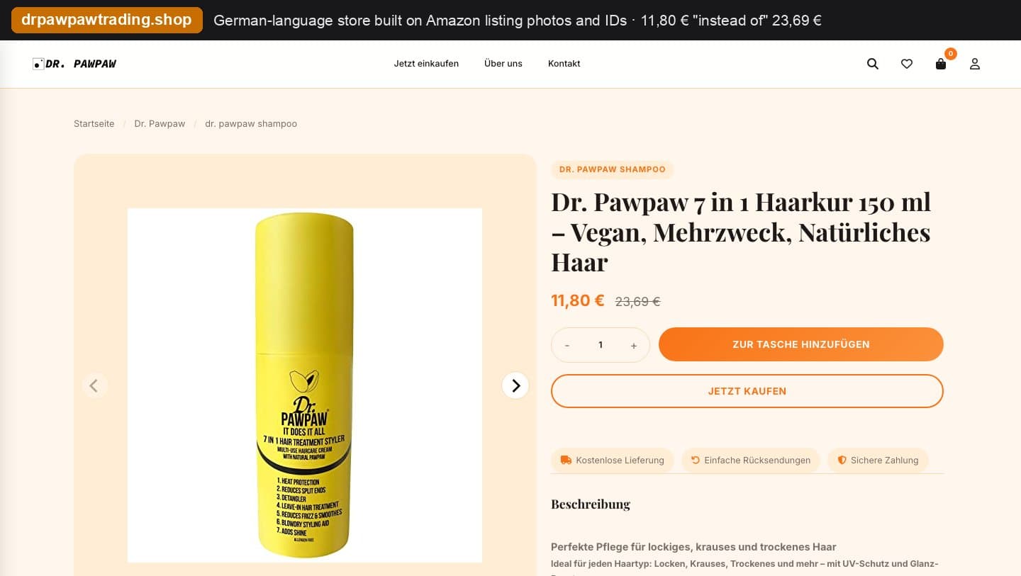 drpawpawtrading.shop German product page for the 7 in 1 hair styler at 11,80 euros