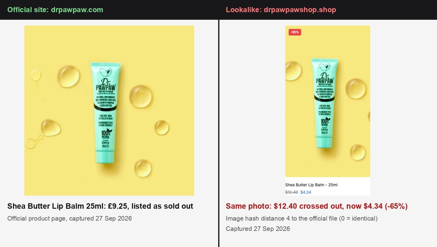 Official Shea Butter Lip Balm 25ml page at £9.25 next to the same photo on drpawpawshop.shop at $4.34