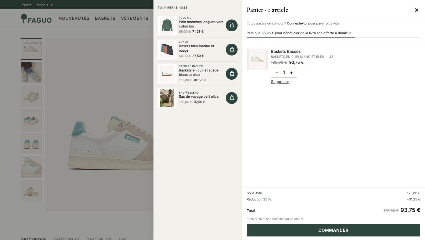 faguo-shop.com basket applying a 25% reduction, 125 euros down to 93.75 euros