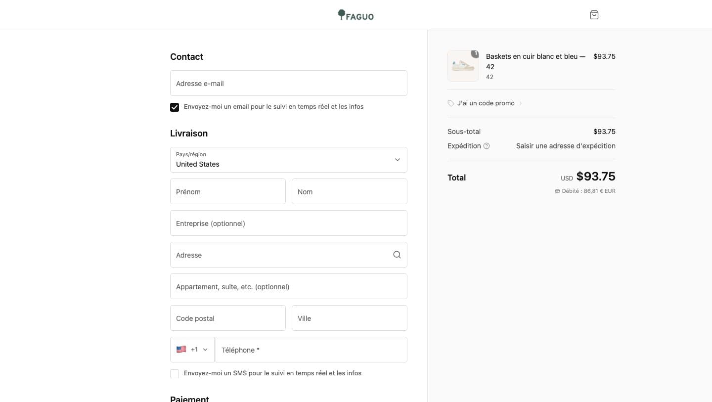 Faguo-branded checkout page on a third-party domain defaulting to the United States with a total of 93.75 US dollars