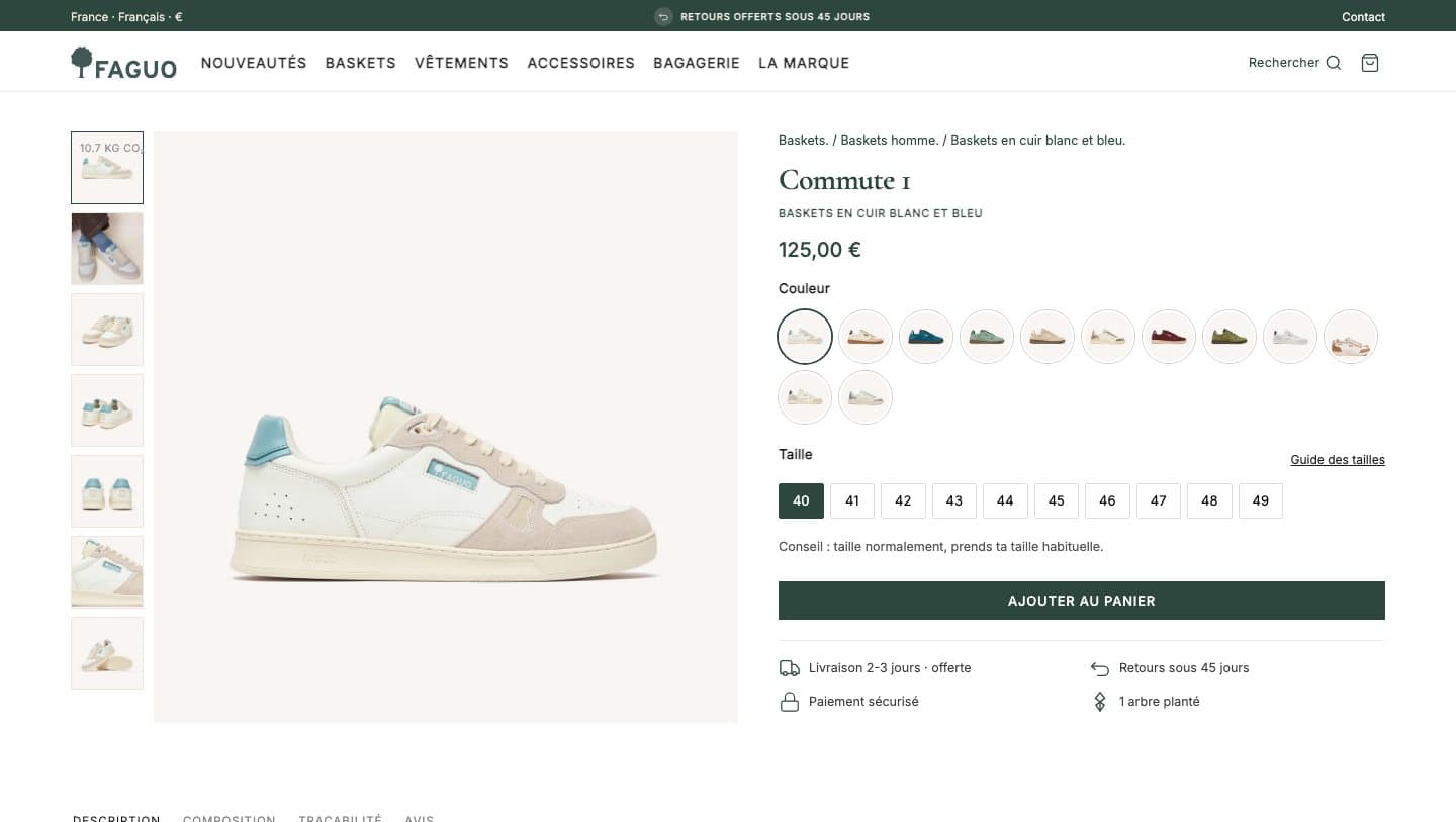 Commute 1 trainer product page on faguo-shop.com priced at 125 euros