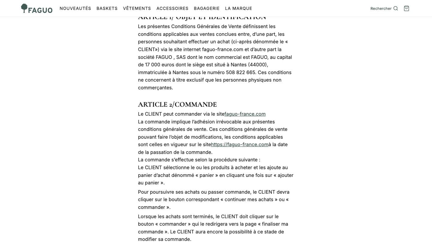 Terms of sale on faguo-france.com naming the Faguo company and the site faguo-france.com