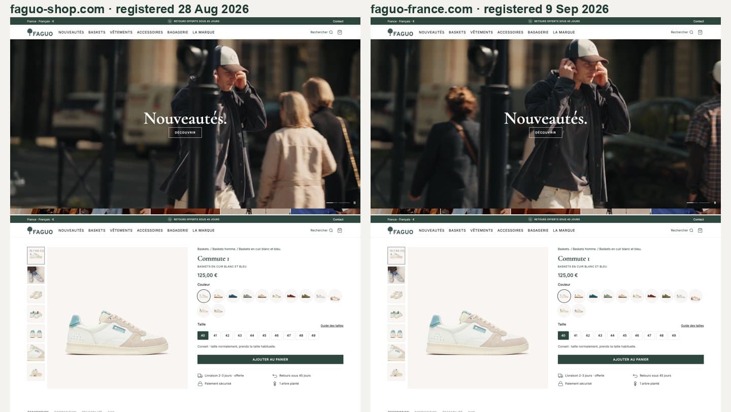 faguo-shop.com and faguo-france.com homepages and Commute 1 product pages side by side, identical