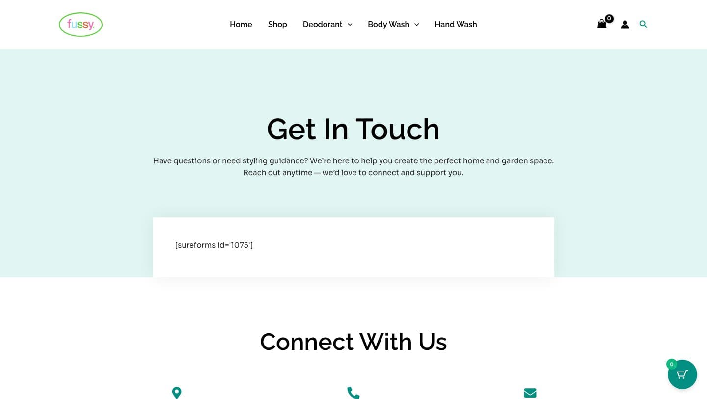 fussyfresh.com contact page offering home and garden help and a broken form code