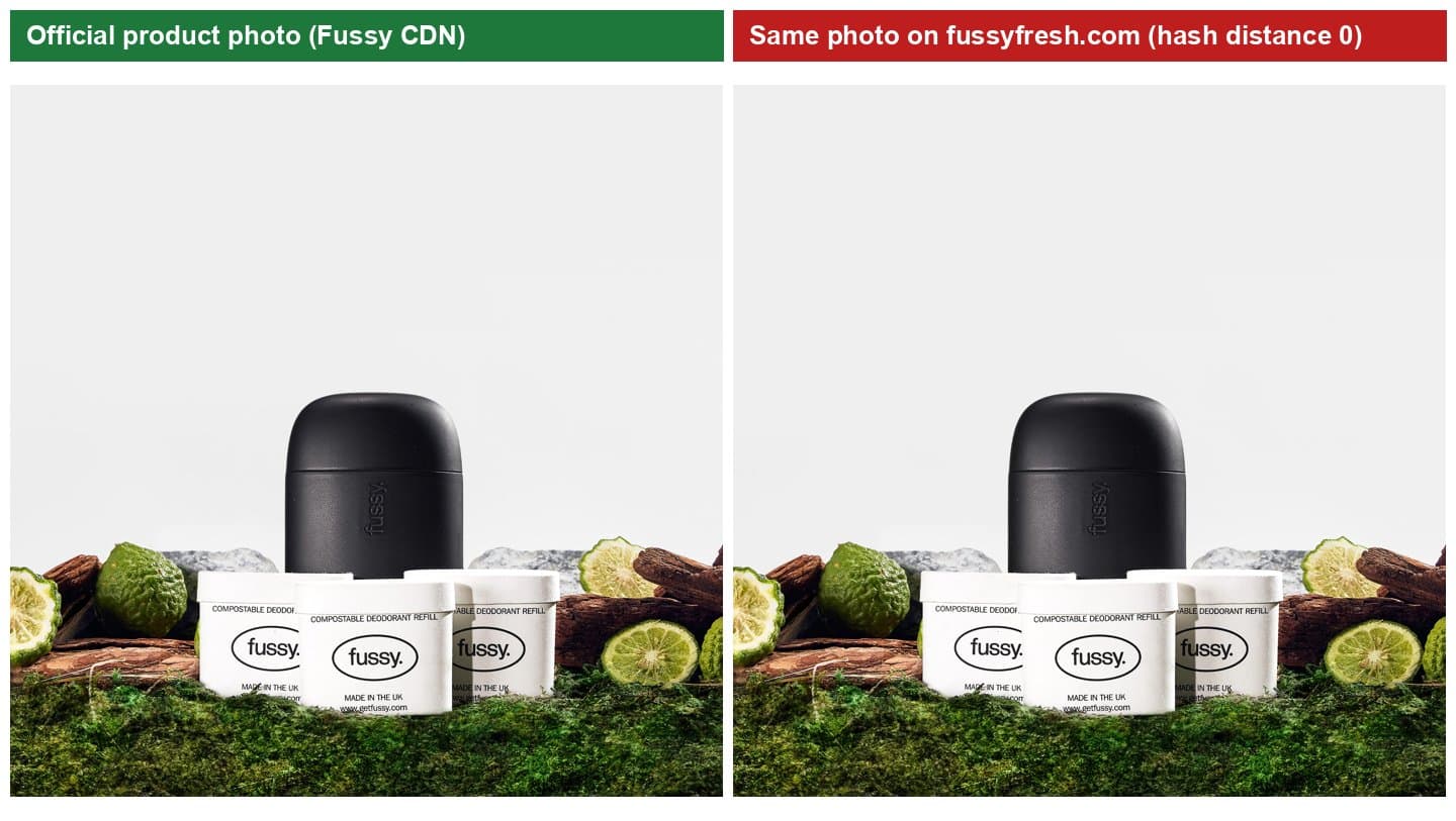 Official Fussy Wilderness photo next to the identical photo on fussyfresh.com