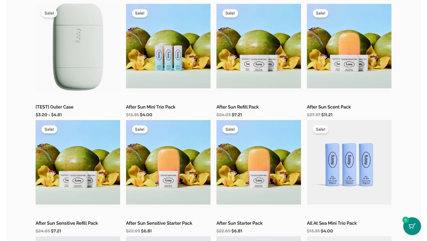 fussyfresh.com shop grid with Fussy products marked Sale