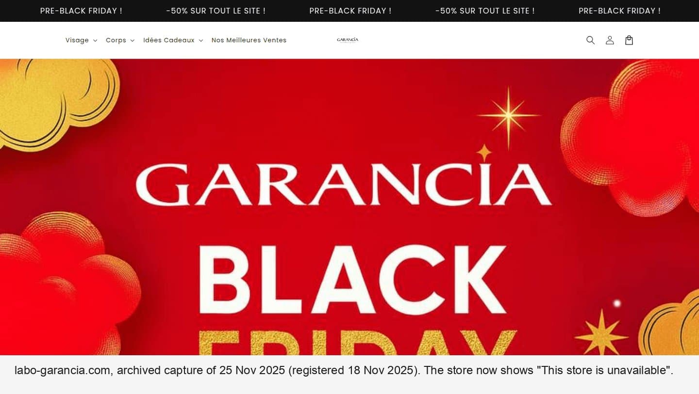 Archived capture of labo-garancia.com showing a GARANCIA Black Friday -50% banner
