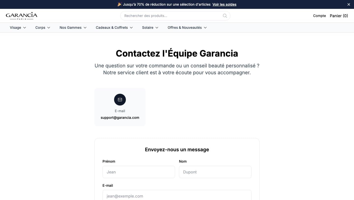 garanciashop.shop contact page listing support@garancia.com
