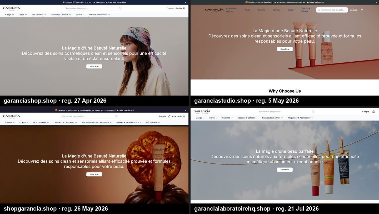 Homepages of garanciashop.shop, garanciastudio.shop, shopgarancia.shop and garancialaboratoirehq.shop