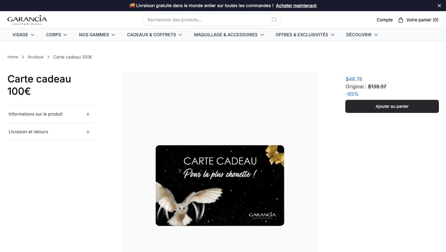 shopgarancia.shop product page for a Carte cadeau 100€ priced at $48.78