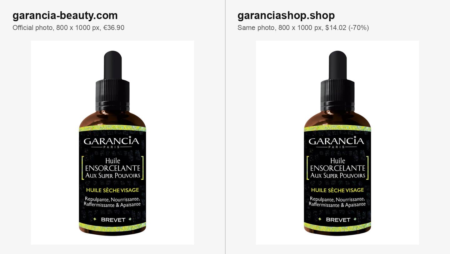 Garancia's official Huile Ensorcelante photo next to the same photo on garanciashop.shop