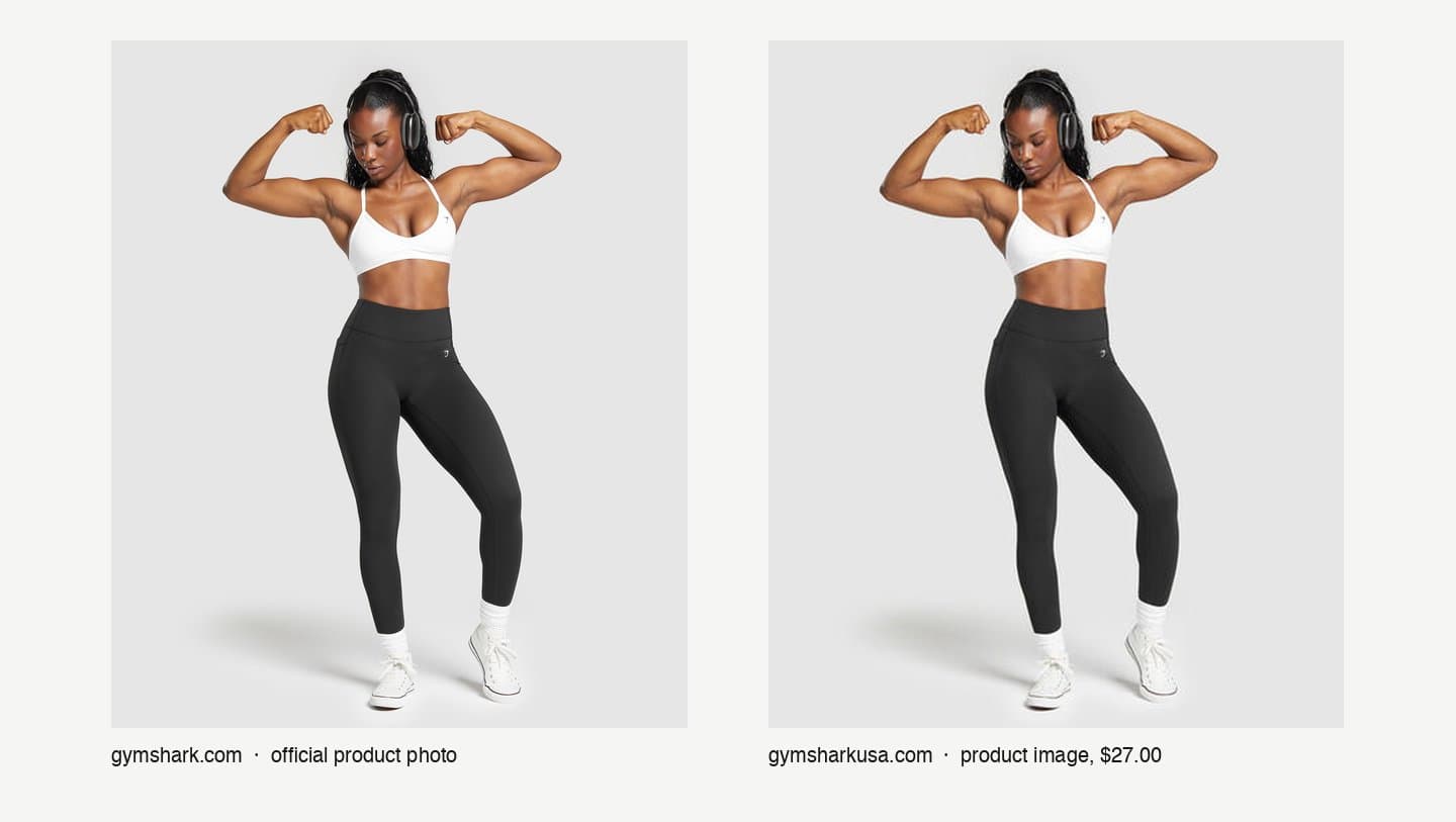 Official Gymshark product photo next to the same photo on gymsharkusa.com