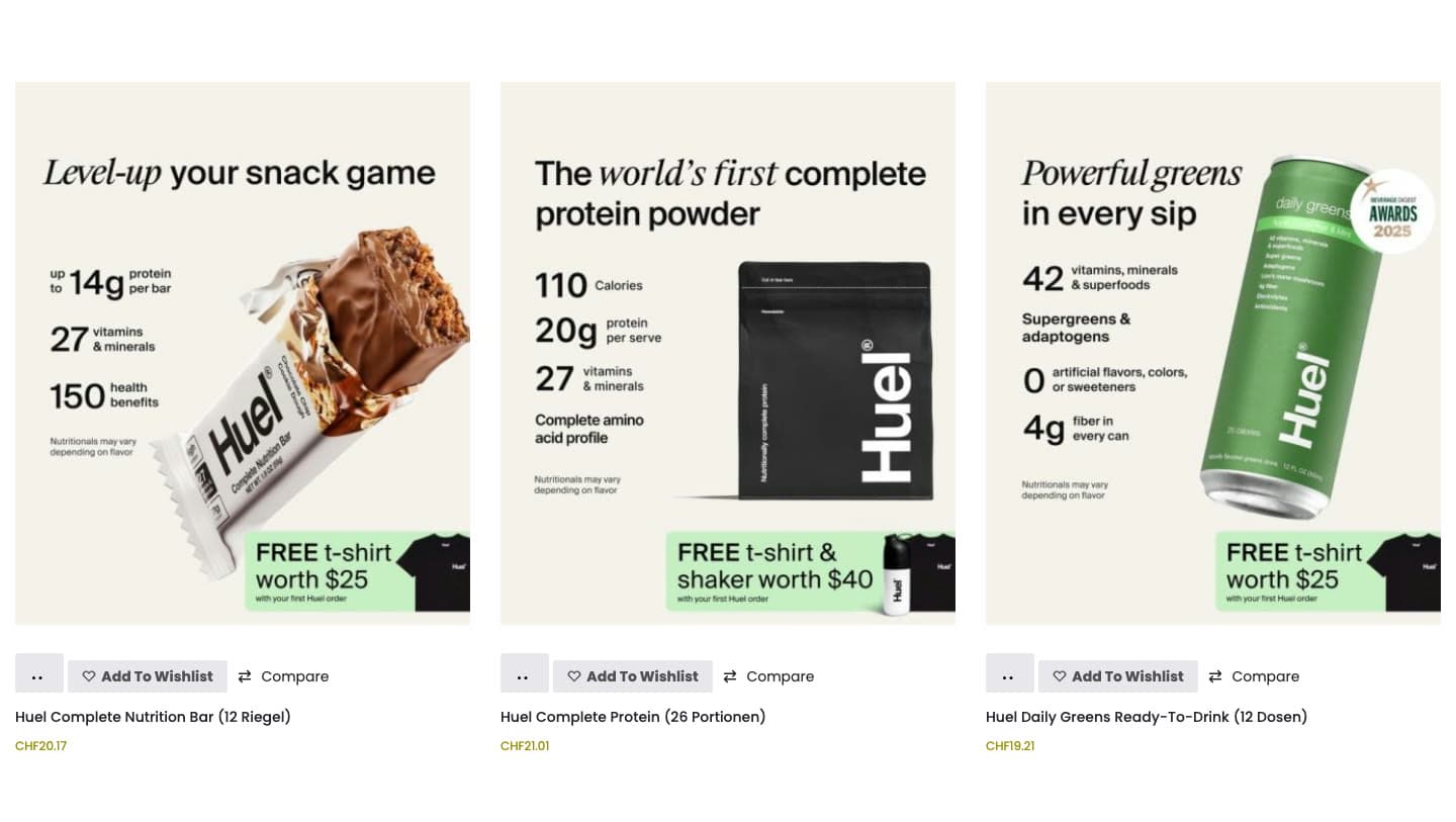 huelschweiz-ch.com drinks and snacks category using Huel product tiles