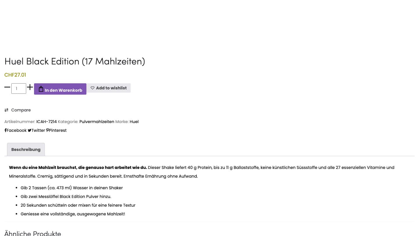 huelschweiz-ch.com product page for Huel Black Edition at CHF 27.01
