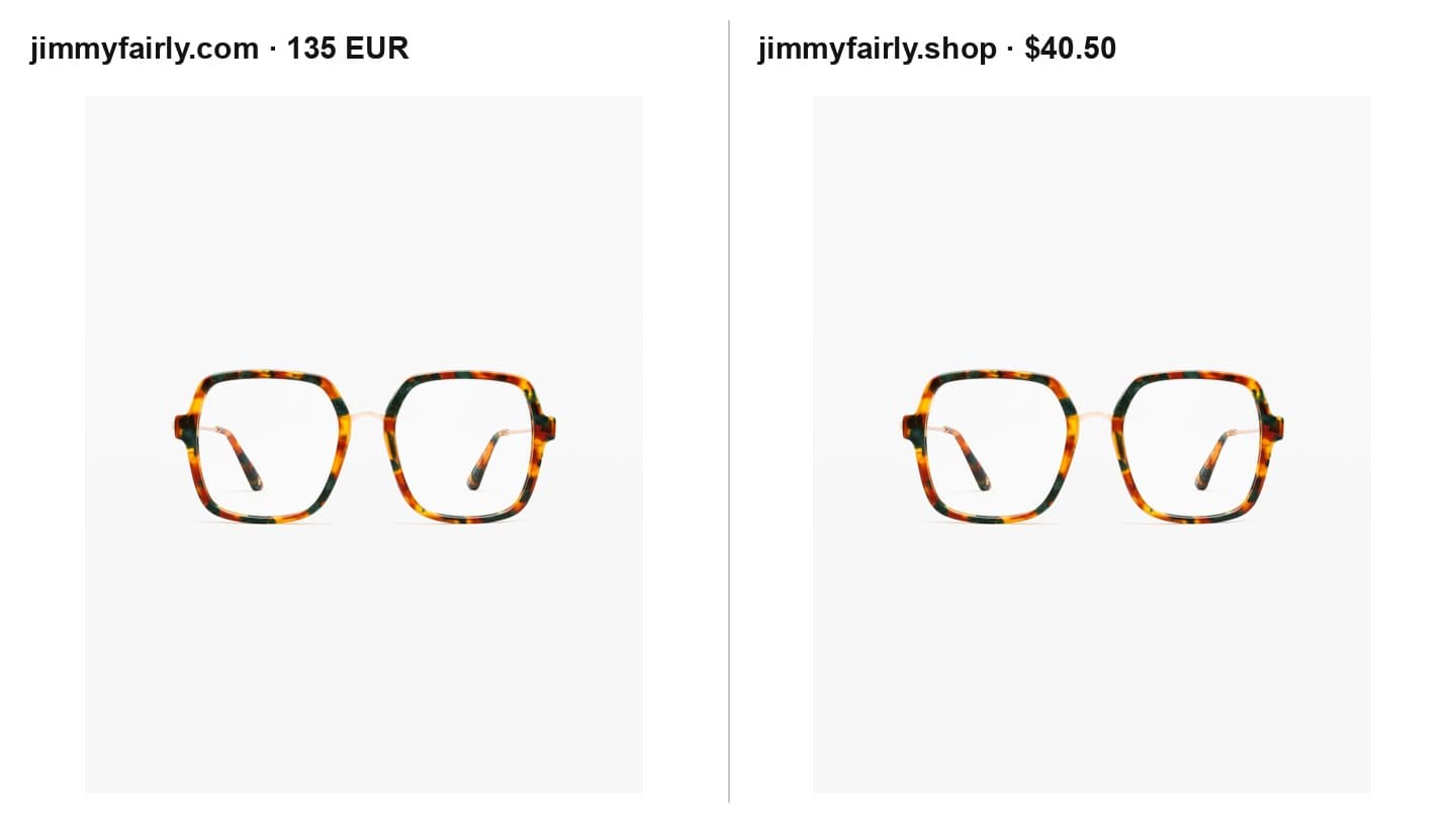 Jimmy Fairly's official Lou Icons photo next to the same photo on jimmyfairly.shop