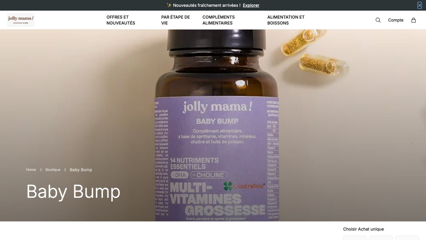 thejollymama.shop product page using the official Baby Bump photo and Jolly Mama logo