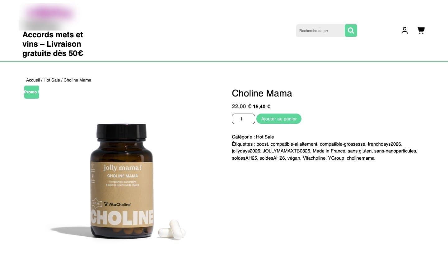 Shop A listing Choline Mama at €15.40 under a wine-pairing shop name
