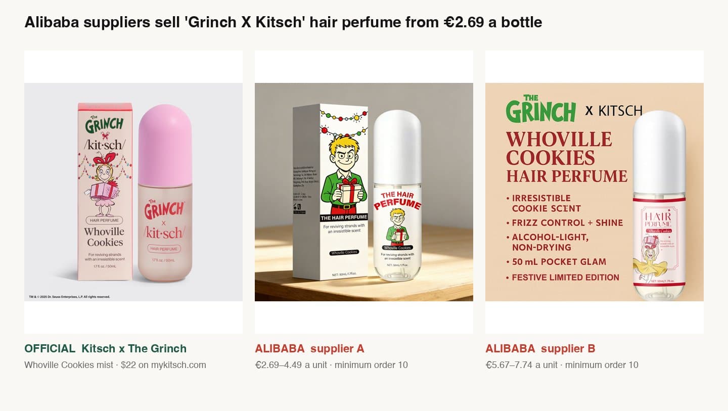 Kitsch's official Grinch Whoville Cookies hair perfume next to two Alibaba listings using the Grinch X Kitsch name