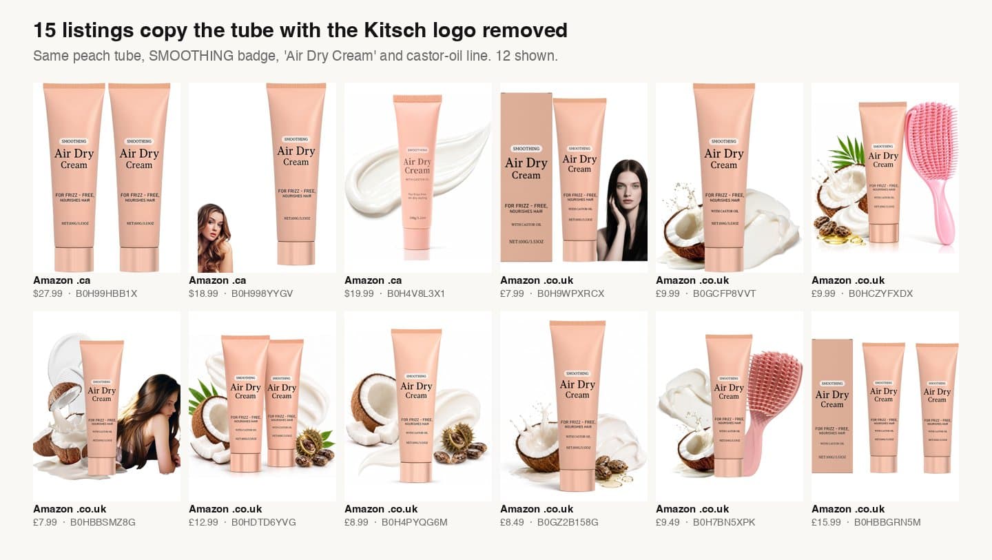 Twelve Amazon listings showing peach tubes with Kitsch's layout and no logo