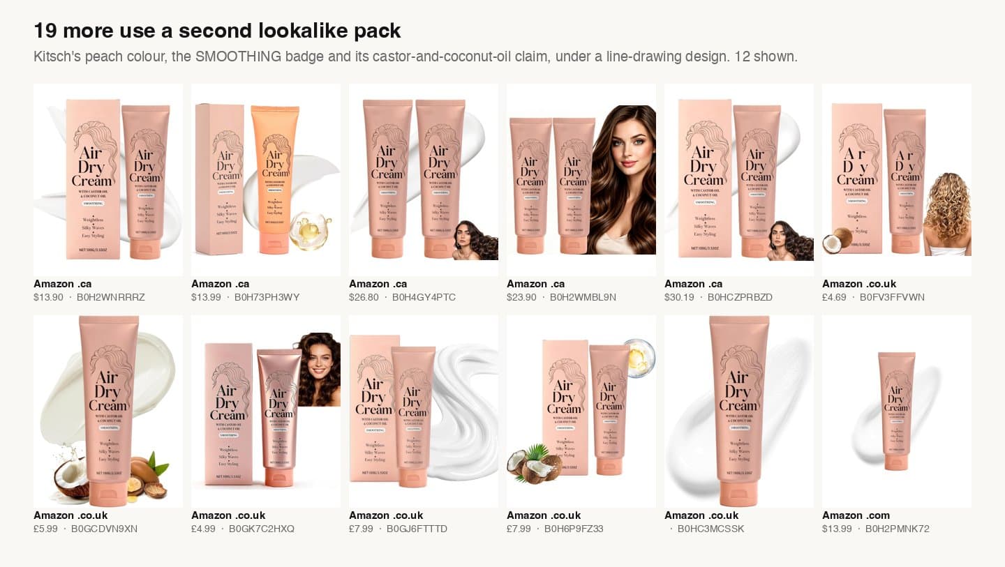 Twelve Amazon listings showing a peach Air Dry Cream pack with a line drawing of hair