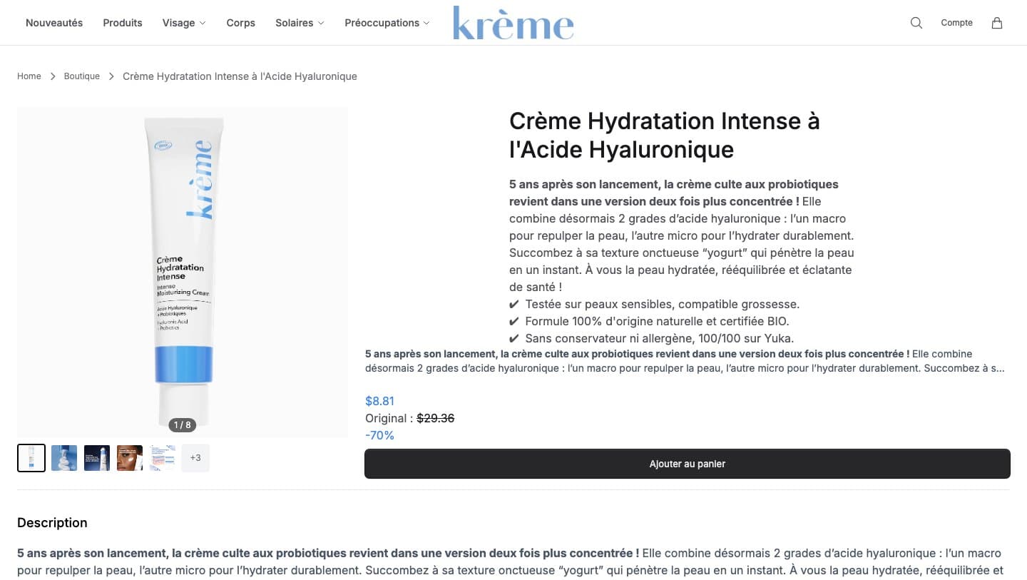 kremeparis.shop product page for Crème Hydratation Intense at $8.81, marked 70% off $29.36