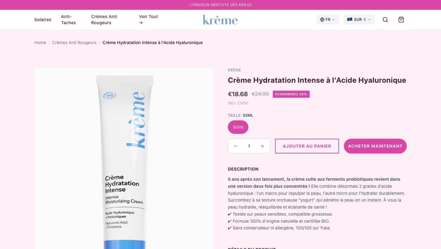 kremo-paris.shop product page for Crème Hydratation Intense at €18.68 against €24.90, SKU CHI50
