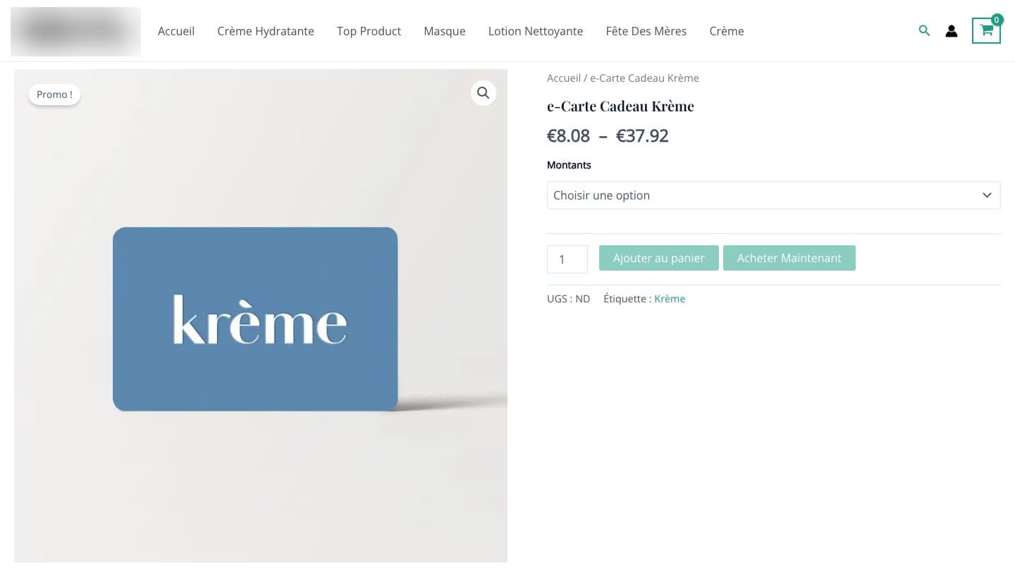 A multi-brand shop selling the e-Carte Cadeau Krème from €8.08 to €37.92, shop name blurred