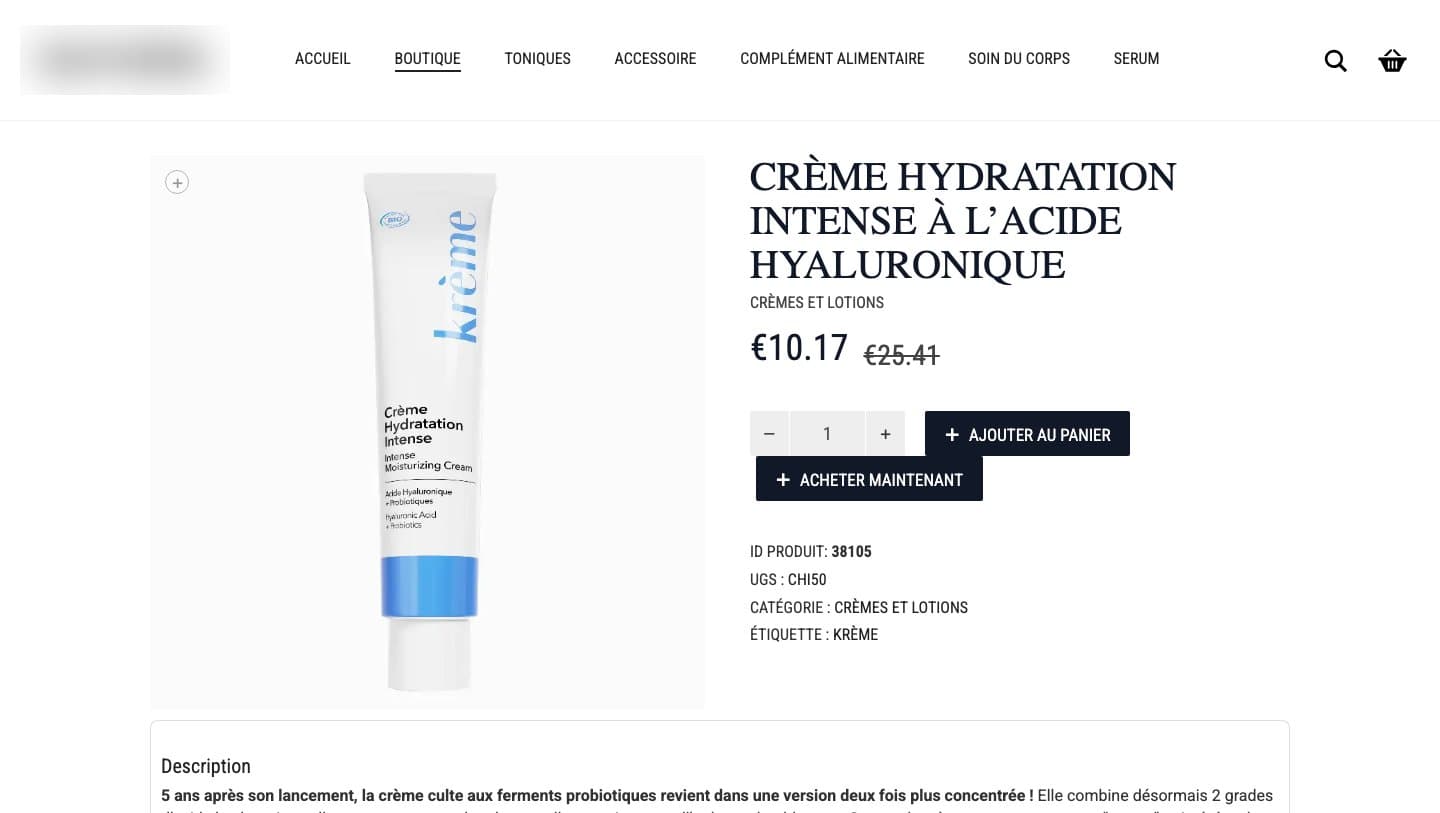 A multi-brand shop's product page for Krème Crème Hydratation Intense at €10.17, shop name blurred