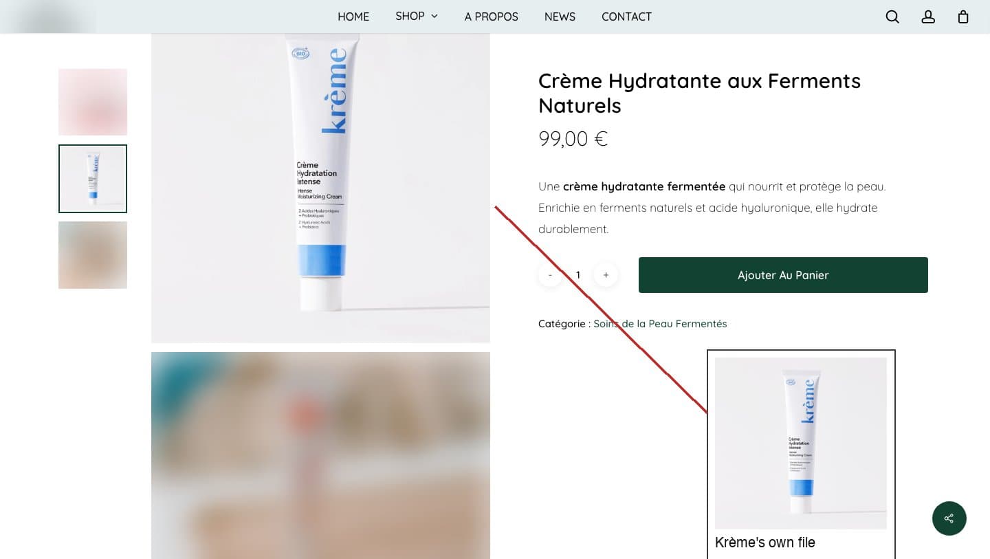A wellness shop's €99 unbranded fermented moisturiser illustrated with Krème's Crème Hydratation Intense photo, with Krème's own file inset