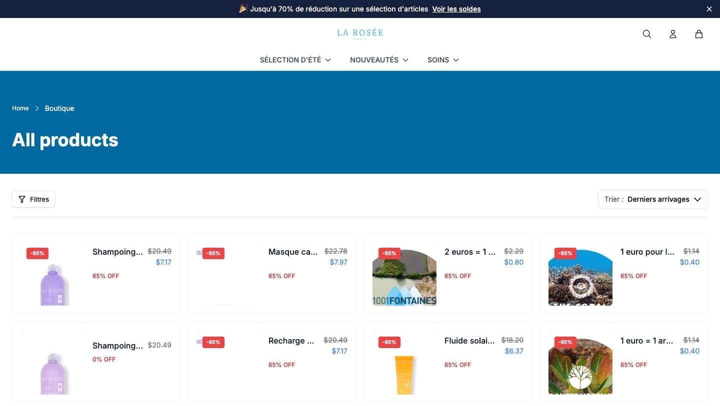larovive.shop product grid with La Rosée's charity donations marked 65% off