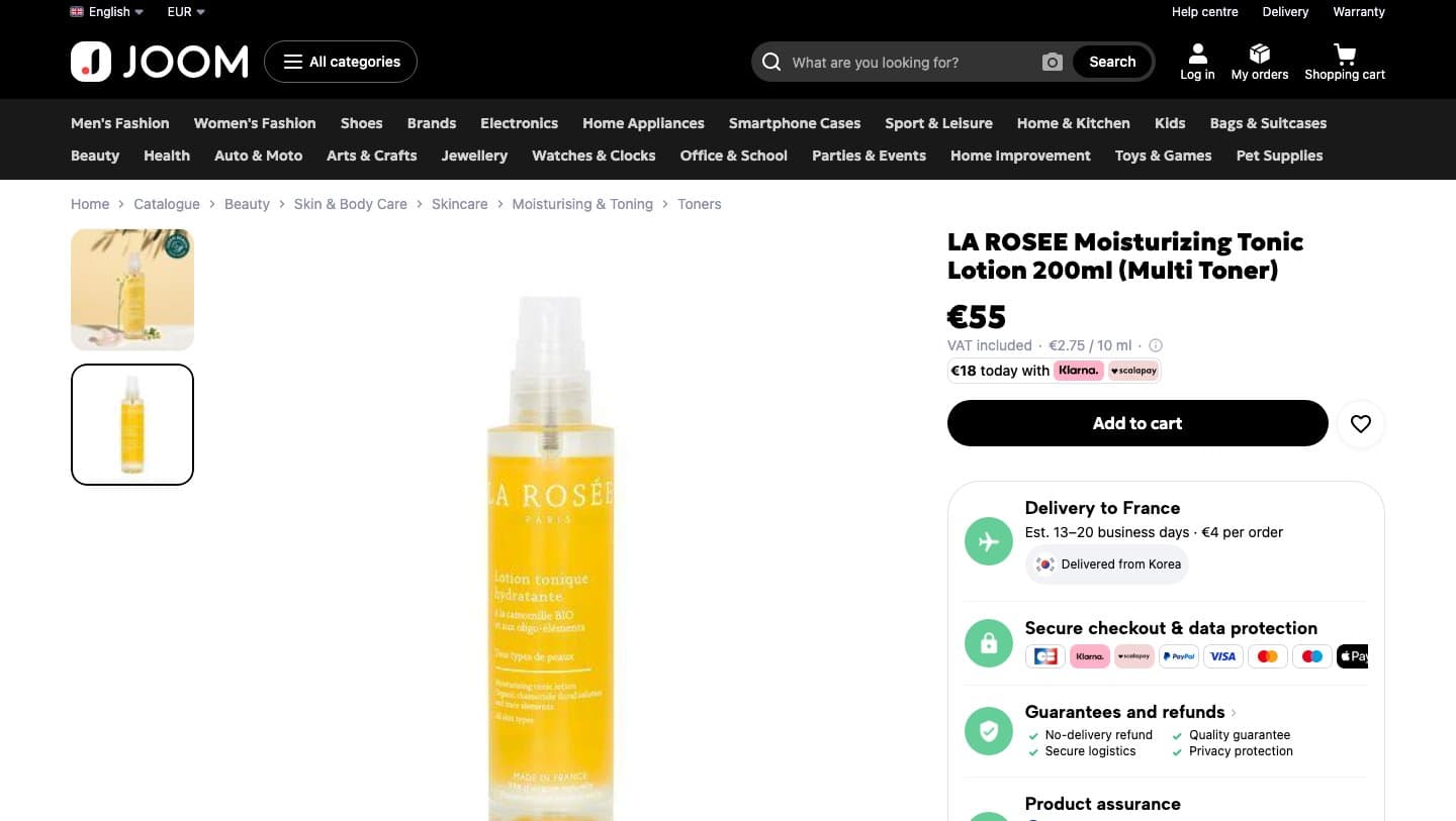 Joom product page for LA ROSEE Moisturizing Tonic Lotion 200ml at €55, delivered from Korea