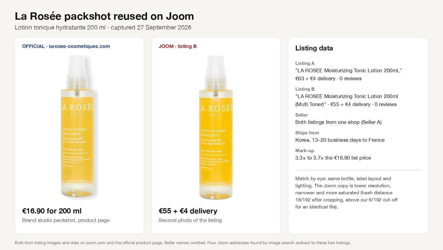 La Rosée's official Lotion tonique hydratante packshot next to the same-looking packshot in a Joom listing, with listing prices of €55 and €63