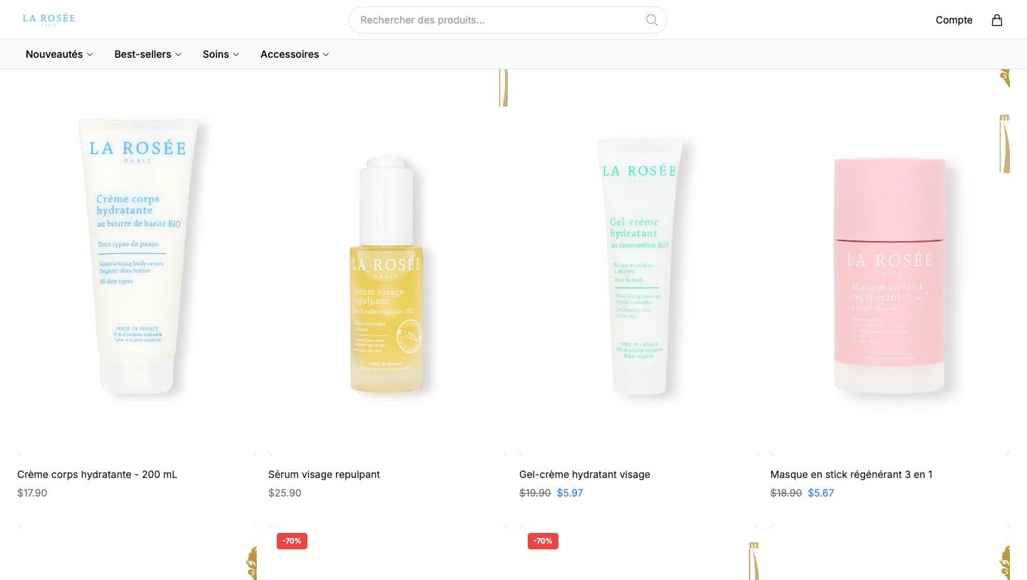 valdina.shop product grid with La Rosée products at $5.97 and $5.67