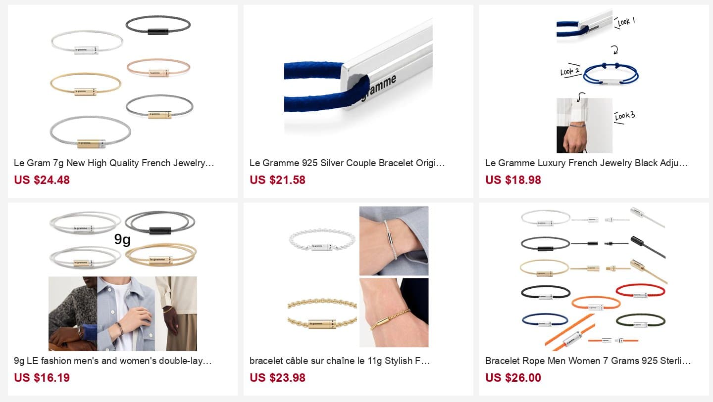Six AliExpress listings showing bracelets marked le gramme