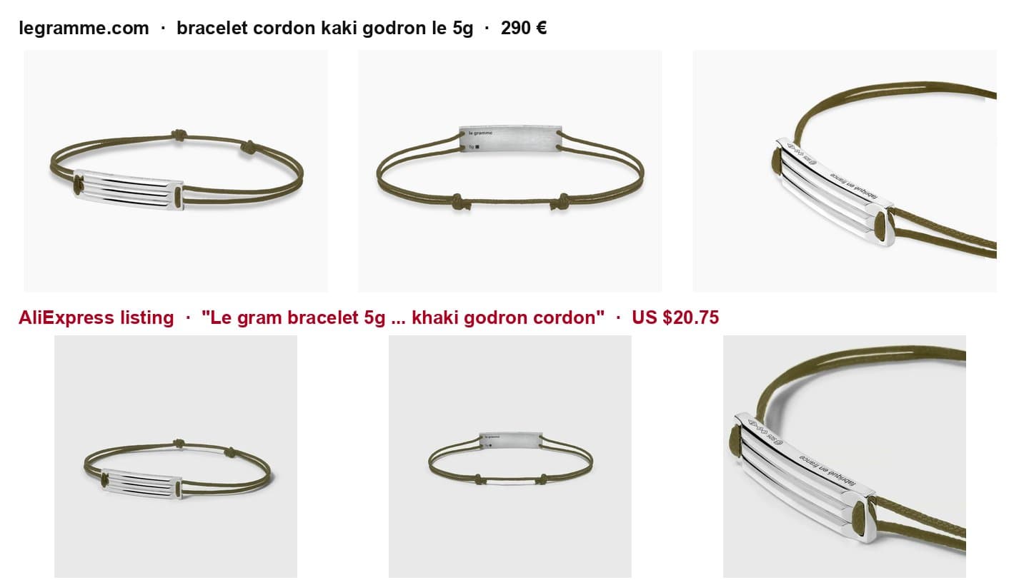 Le Gramme khaki godron cord bracelet photos next to the same photos on an AliExpress listing