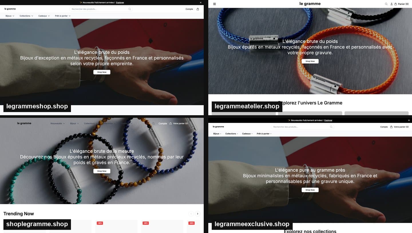 Homepages of four fake Le Gramme stores on .shop domains